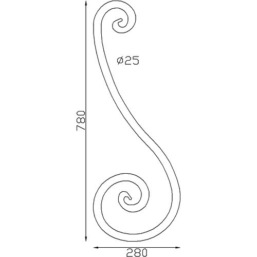 Volute en S de soutien, finition coupe droite, en fer forgé. Hauteur 780mm largeur 280mm profilé en rond de diamètre 25mm. Fixation par soudure. Permet de soutenir une fabrication, tel qu'une marquise ou un pergola et de  décorer votre fabrication en fer forgé, portail, clôture, pergola, mais également permet de renforcer la sécurité, en diminuant le vide entre barreau, ou d'augmenter le soutien. Fourni brut, à peindre ou à vernir pour protéger contre la corrosion.