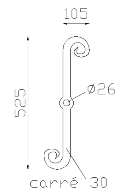 Clé de tirant grenaillé, en fer forgé. Hauteur 525mm longueur 105mm section en carré de 30mm. Peut être fixée avec la tige filetée référence 15095. En plus de son utilisation en tant qu'objet de décoration apportant du charme à sa façade, la clé de tirant a pour rôle principal d'augmenter la stabilité des murs intérieurs et extérieurs.