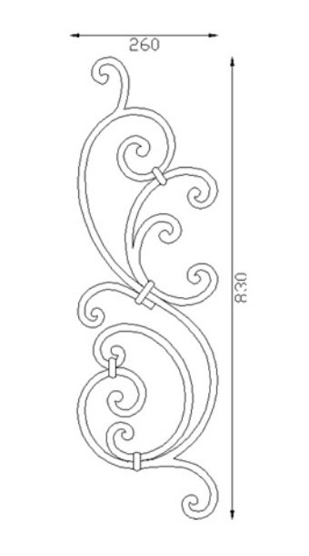 Décor <b>rampant</b> composé de volutes, en fer forgé . Hauteur 830mm largeur 260mm. section en carré lisse de 12mm. Ce décor permet de fabriquer un appui de fenêtre ou décorer un portail, par exemple, dans le sens horizontal ou vertical. Fixation par soudure. Fourni brut, à peindre ou à vernir avec un produit adapté qui permet de le protéger contre la corrosion.