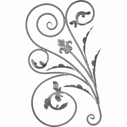 Panneau décoratif composé de nombreuses volutes avec finition feuilles, double face. Hauteur 900mm et Largeur 500mm avec profilé en rond de diamètre 12mm. Ce panneau décoratif peut être présenté à l'horizontale ou à la verticale, son utilisation est multiple: balcon, terrasse, fenêtre, balustrade... Fixation par soudure. Fourni grenaillé, à peindre ou à vernir.