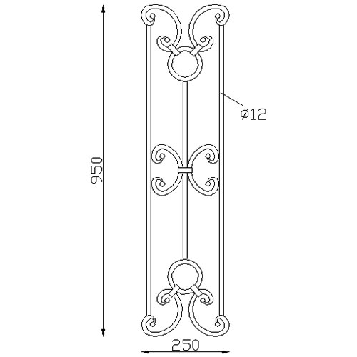 Décor composé de volutes et de cercles en fer forgé de 950mm de haut par 250mm de large.
