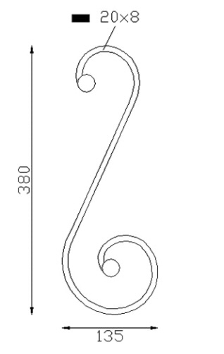 Volute en forme de 'S' de 380mm de haut par 135mm de large. Avec une section en 20x8mm. En fer forgé.