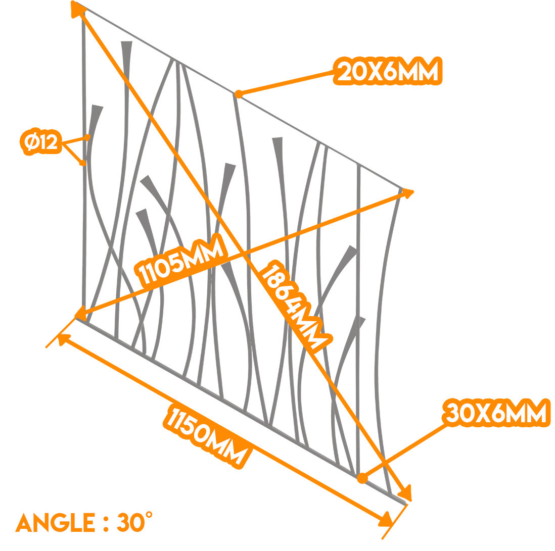Panneau design et répétitif en modèle rampant de 1833mm de diagonal au plus long. La main-courante du haut est un plat simple de 20x6mm tandis que la barre du bas est un plat de 30x6mm. Finition : à souder et état brut. Angle d'environ 30°.