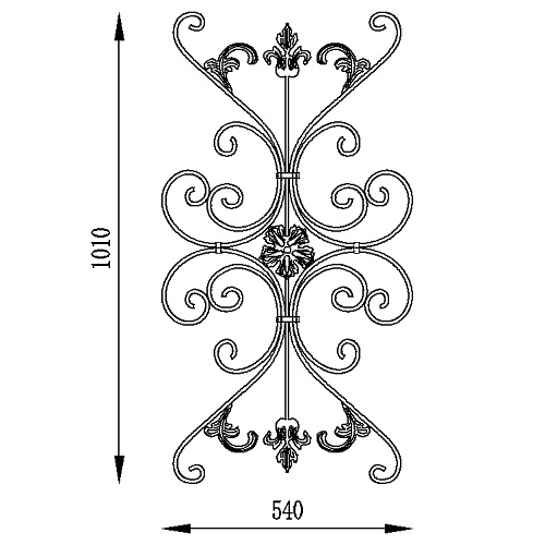 Panneau fer forgé 1010 x 540 mm . Décor composé de rosaces et de feuilles double face pour garde corps, portails ou rampes