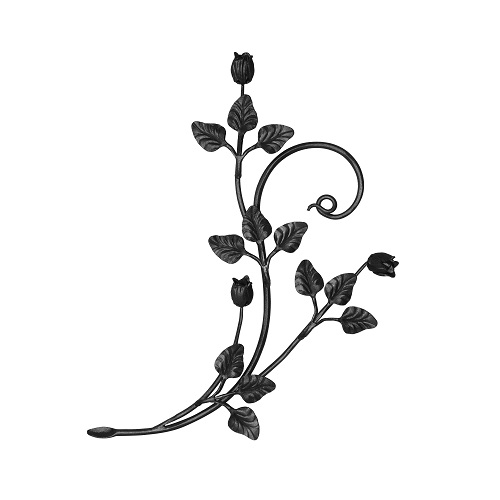 Panneau décor motif feuilles et roses, en fer forgé. Hauteur 600mm, largeur 400mm, section en rond plein de diamètre Ø10mm. Livré brut prêt à peindre ou à vernir, pour protéger contre la corrosion. Permet d'ornementer toutes vos créations: pergola, portail, clôture, par exemple.