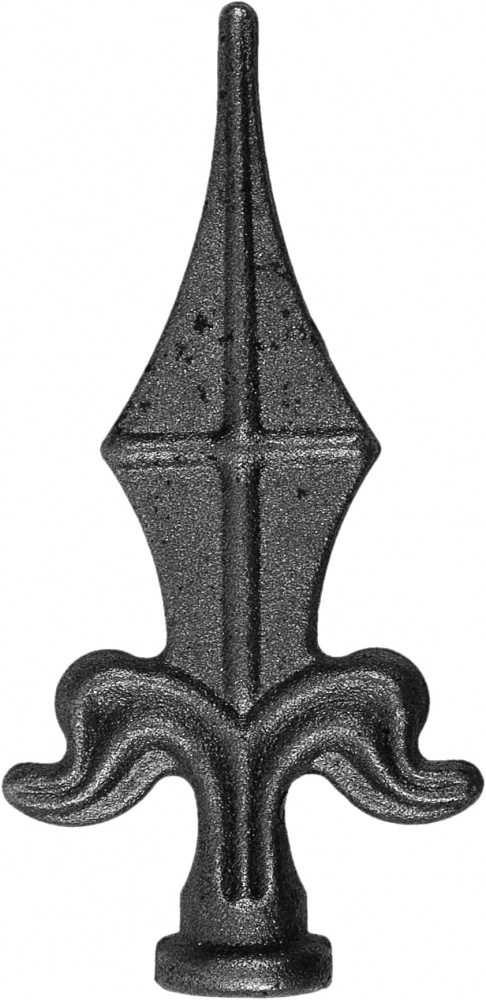 Pointe de lance en fer forgé. Hauteur de 140mm et largeur de 70mm. A souder sur des barreaux ronds de 25mm de diamètre.