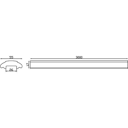 Main courante pleine laminée à double rainure en fer forgé. Longueur de 3000mm largeur 55mm et épaisseur 17mm avec gorge creuse de 26mm. Idéal pour la fabrication de garde-corps ou de rampes d'escaliers, pour une utilisation en intérieur comme en extérieur. Fixation par soudure. Fournie brute, à peindre ou à vernir avec un produit adapté pour protéger contre la corrosion. Pour garantir sa stabilité des supports doivent être placés tous les 80 à 100cm.