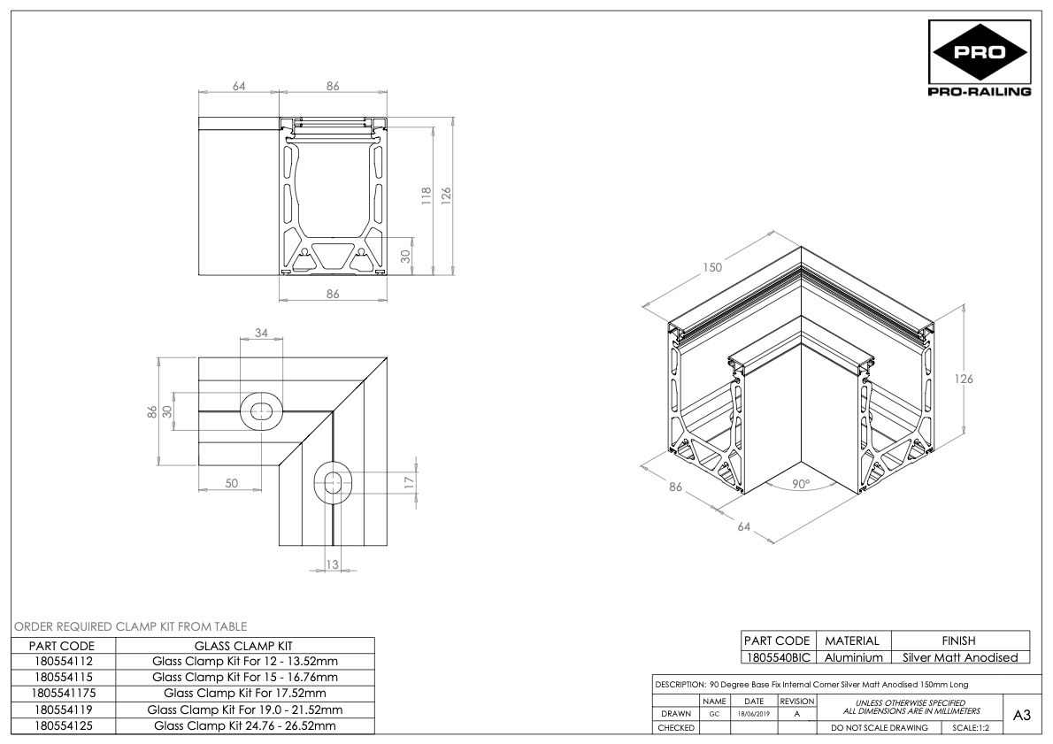 Angle Alu intérieur pour fixation latérale . Longueur intérieur 64 mm . Longueur extérieur 150 mm . compatible pour verre de 12 mm a 25 mm