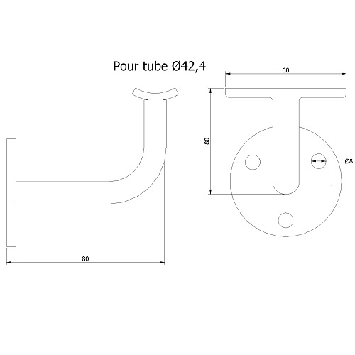 Support équerre pour main courante 80X80 mm . Platine Percée 3 trous avec pattes pour tube rond diam 42,4 mm 