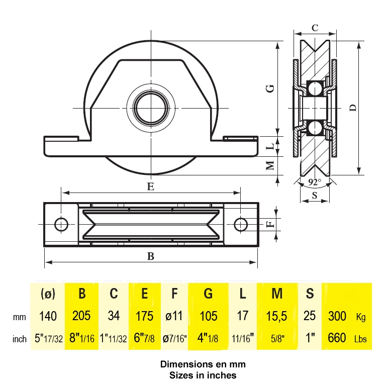 Roue à gorge en V de diamètre Ø140. A encastrer dans un tube 120 x 40 x3mm. Charge maximum supportée de 300KG. Ce produit est équipé d'un double roulement.