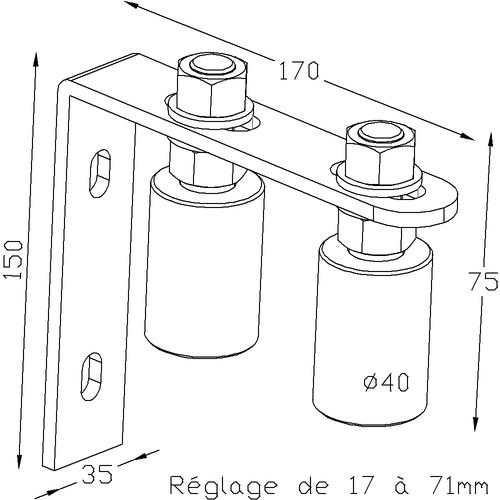 Patte de fixation d'angle livrée avec deux olives de guidage Ø40. Réglable de 17mm à 71mm. A visser.