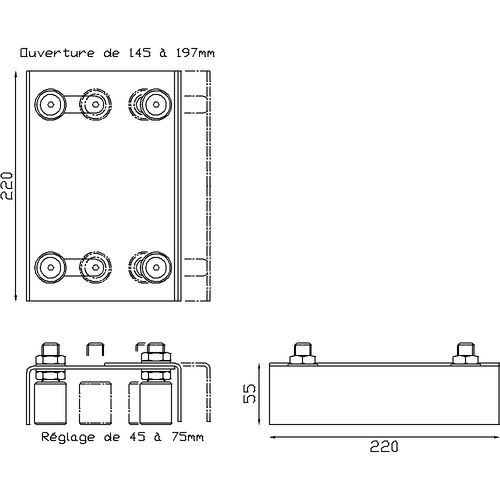 Plaque de guidage avec 4 olives diam 30 mm (fournies) à entraxe modulable pour s'adapter à \'épaisseur du portail ou de la porte. Longueur 220 mm . Largeur 140 mm . règlage de 45 a 75 mm 