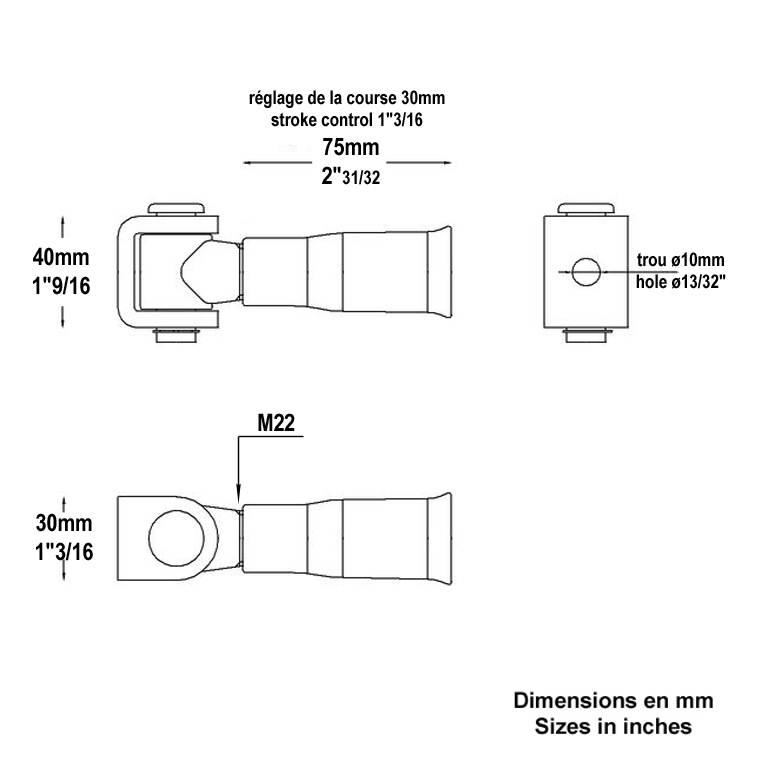 Gond charnière en acier zingué (patine en acier). Longueur réglable de 75 à 97mm (réglage course environ 30mm, permet un réglage horizontal du battant) et tige filetée en diamètre M22. Fixation sur portail par soudure ou par vis (Ø10mm) et côté poteau crampillon à sceller (préconisation: ciment). Convient pour portail avec tube de largeur 40mm minimum. Les gonds à sceller sont les modèles adaptés aux portails les plus lourds. Si la structure attenante à votre portail est faite en béton, pierre, brique ou parpaing alors vous pouvez opter pour le scellage de vos gonds. Les gonds sont indissociables des crapaudines ou des pivots qui permettent de faire pivoter le battant sur son axe. Capacité: 150Kg.