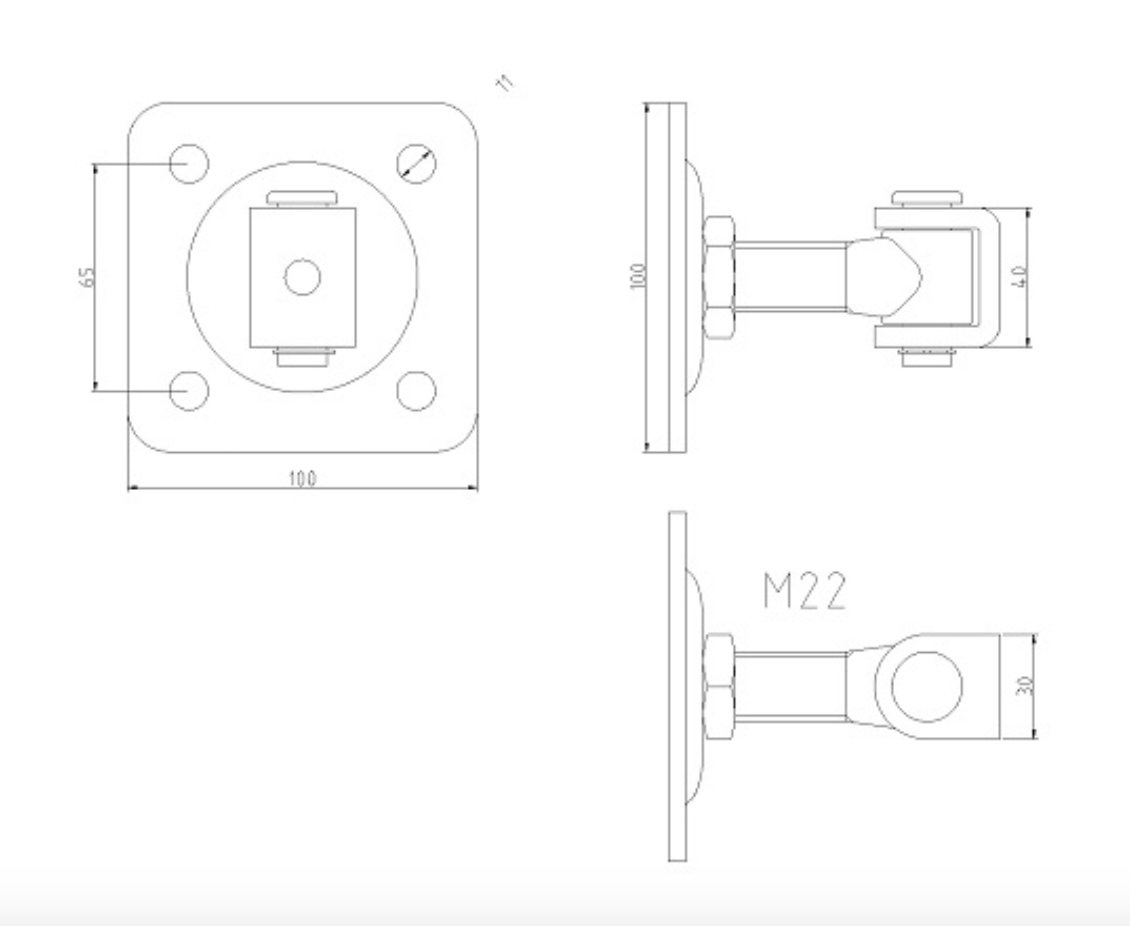 Gond sur platine avec écrou qui permet le réglage horizontal du portail à battant. Platine carrée de longueur 100mm, entre axe des 4 perçages 65mm, tige filetée en M22. Fixation côté portail sur tube de largeur minimum de 40mm et côté support à visser par 4 vis (non fournis). Les gonds sont indissociables des crapaudines ou des pivots qui permettent de faire pivoter le battant sur son axe.
