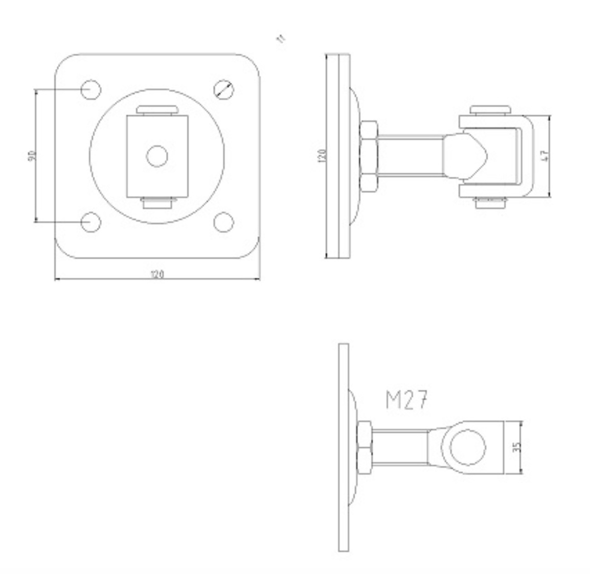 Gond sur platine avec écrou qui permet le réglage horizontal du portail à battant. Platine carrée de longueur 120mm, entre axe des 4 perçages 90mm, tige filetée en M27. Fixation côté portail sur tube de largeur minimum de 40mm et côté support à visser par 4 vis (non fournis). Les gonds sont indissociables des crapaudines ou des pivots qui permettent de faire pivoter le battant sur son axe.