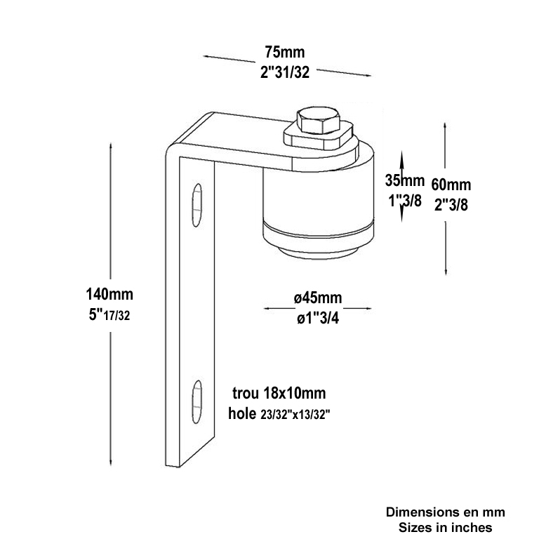 Pivot haut à bille pour portail de diamètre 45mm. Articulé sur roulement à billes conique avec graisseur incorporé. Pour tube ou carré plein de 30x30mm. Le pivot est fourni avec une équerre de fixation 75x140.