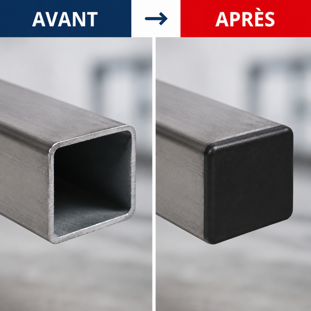 Bouchon, embout carré à ailettes, en polyéthylène. Hauteur totale 26mm Hauteur visible 5mm Largeur 40mm. Compatible avec des tubes carrés de section 40x40mm ayant une épaisseur de 1 à 3mm. Il sera utile en intérieur comme en extérieur dans de nombreux domaines (pied de chaise, clôture, rambarde, portail, obstruer les tubes pour les protéger des conditions d'utilisation en extérieur ....). Grâce à ses ailettes larges son utilisation sera facile (emboiter à l'aide d'un maillet si besoin). Différentes dimensions existent.