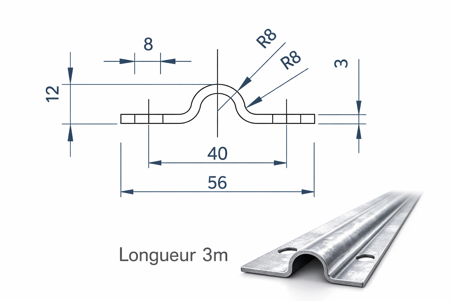Rail de 3 mètres en U pour portails ou portes coulissante. A visser. Pour roues à gorge de diamètre Ø16. Finition galvanisé
