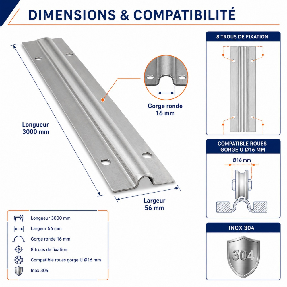 Rail à visser gorge U Ø16 - Long 3000 mm - INOX 304 - ep.2mm . A utilser avec l'ensemble de la gamme de roue de portail gorge en U Ø16mm - En inox idéal pour les régions en bord de mer. Comporte 8 trous de fixation. Visserie non fournie.