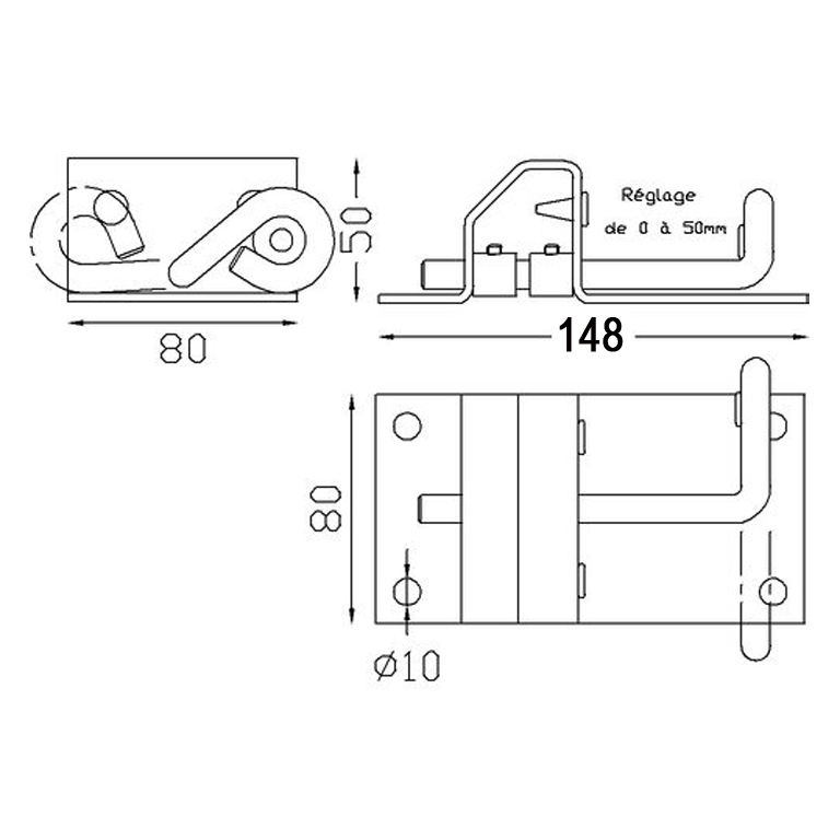 Sabot pour portail à visser. Réglable de 0 à 50mm. Hauteur 50 mm 