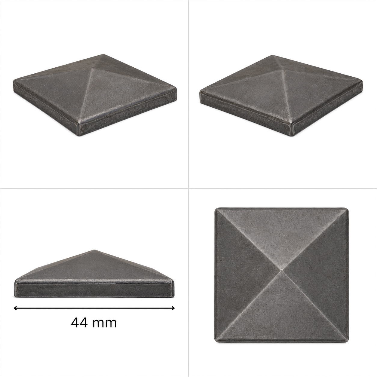 Couvre poteau et pilastre de forme chapeau carré, en acier standard de construction. Largeur et longueur 44mm Hauteur 15mm. Convient pour un tube carré de 40x40mm. Fourni brut prêt à peindre ou à vernir pour protéger contre la corrosion. Permet l'étanchéité de votre tube de portail ou poteau de clôture par exemple.