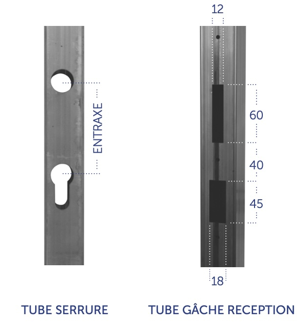 Tube de serrure usiné 3 faces, en acier. Hauteur 2000mm section carré de 30x30mm entraxe 85mm. Compatible avec la serrure 19300300, à utiliser avec le tube gâche réception 19296-2.
