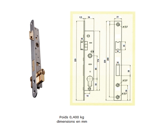 Serrure à larder dans un tube de 30x30mm pour portail à vantaux ouvrants. Axe Ø16,5mm. Livrée avec gâche, un pène réversible, un cylindre européen et deux clefs.