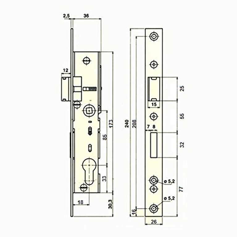 Serrure en acier inoxydable à larder dans tube de 40x40mm pour portail à vantaux ouvrants. Axe Ø18mm. Cette serrure est livrée avec une gache, un pène réversible, un cylindre européen, mais sans béquille (Carré de 8x8mm).