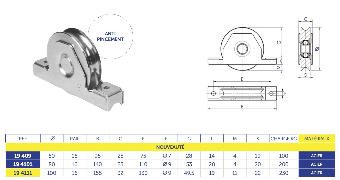 Roue à gorge ronde de diamètre Ø50. A encastrer dans un tube de 30x30x2,5mm minimum. Charge maximum supportée de 100KG. Compatible avec le rail 19192. Système anti-pincement.