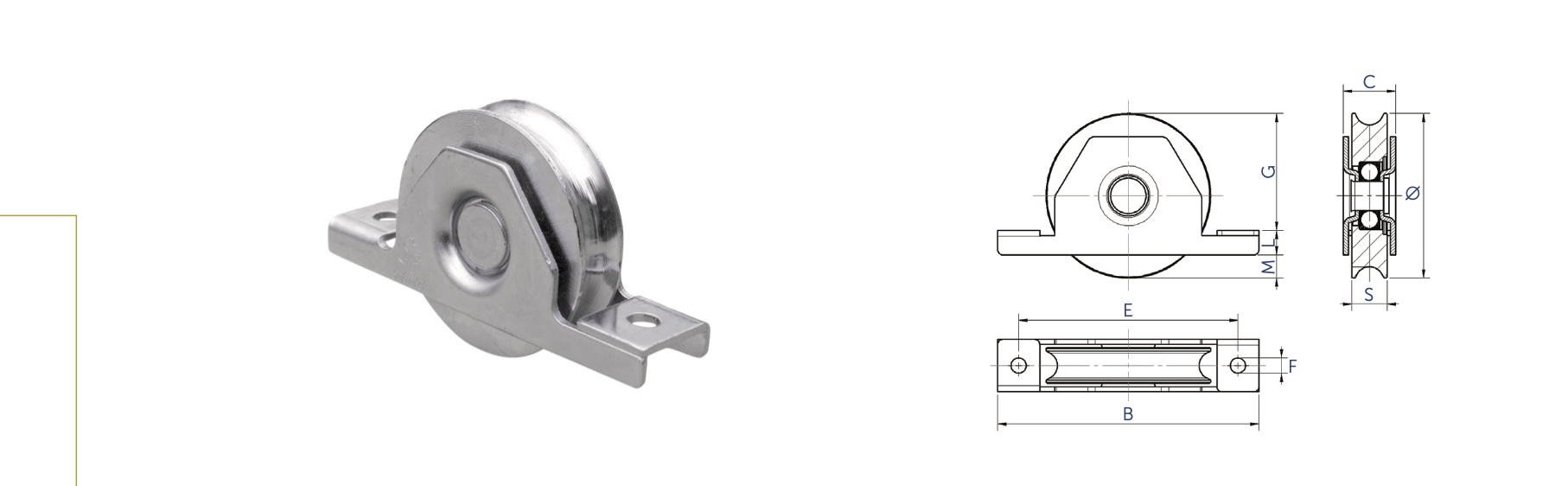 Roue à gorge ronde de diamètre Ø100. A encastrer dans un tube. Charge maximum supportée de 230KG.