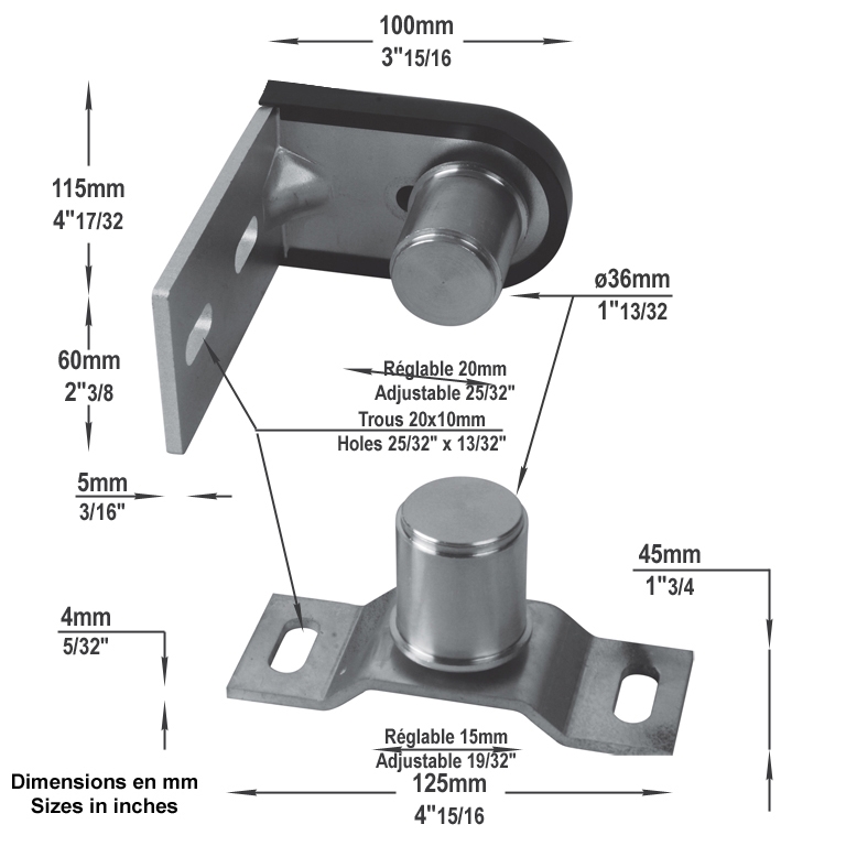  Ensemble gond-pivot à fixer monté sur bille  pour un tube de 40x40 extérieur. Le gond et le pivot sont équipé de deux pièces métalliques ø36mm destinées à glisser dans un tube de 40x40mm. Les deux axes ø36mm sont réglables horizontalement de 15 à 20mm L'ensemble gond-pivot se compose de :      1 gond haut acier sur bille. ø36mm extérieur  pour un tube 40x40mm extérieur.    1 pivot bas acier sur bille. ø36mm extérieur  pour un tube 40x40mm extérieur.1 équerre de fixation haute acier 100x115x60mm épaisseur 5mm 1 platine de fixation basse acier 125x45mm épaisseur 4mm.       1 cache de protect