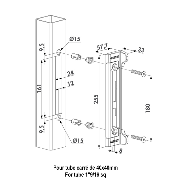 Gâche en inox compatible avec la serrure référence : 19626 à encastrer pour des portillons en métal, aluminium ou PVC. La fixation Quick-Fix assure un montage rapide et robuste. Le système d'ancrage en acier inoxydable évite l'écartement des vantaux. Pour des tube carré de 40mm.