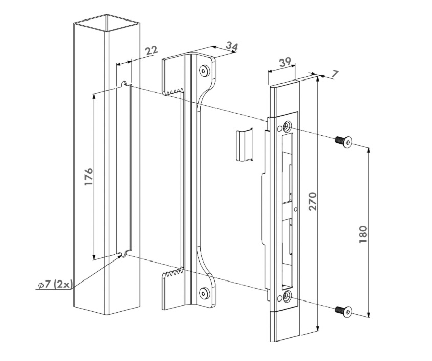 Gâche à encastrer en acier inoxydable, à intégrer dans un tube de largeur 40mm ou 50mm. Système d'installation intégré CLICK-IT. Réversible. Butée réglable en aluminium avec joint d'amortissement en caoutchouc. Compatible avec la serrure référence 19626. 