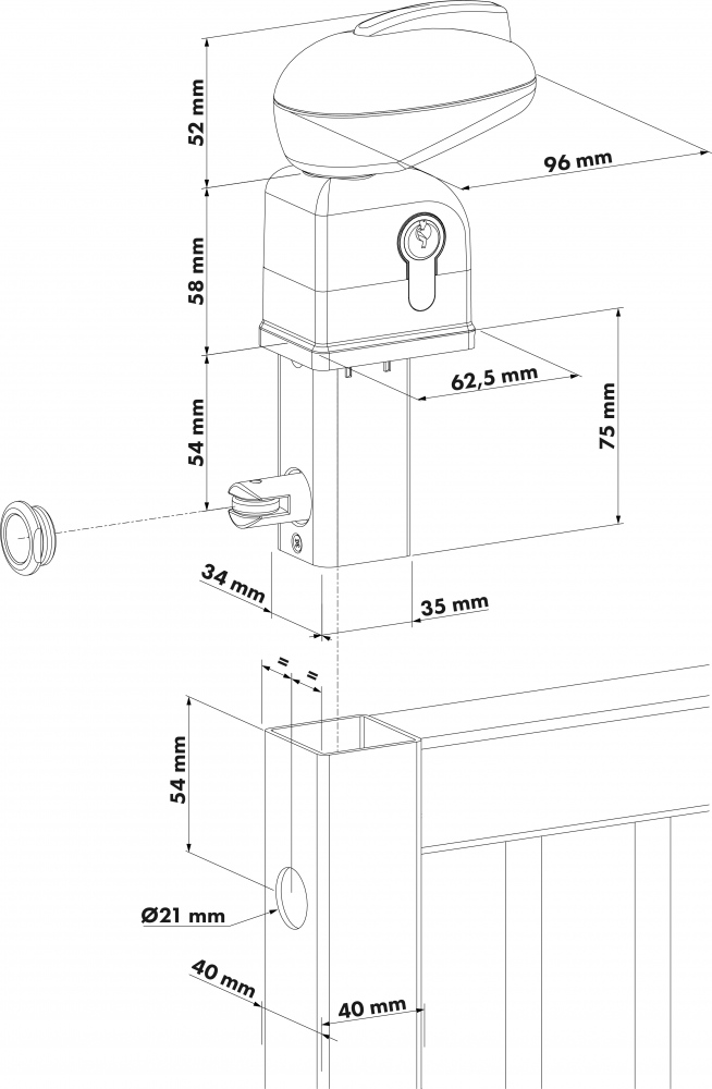 Serrure de sécurité de piscine blanche  pour un tube de 40x40mm.