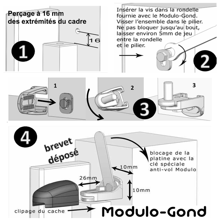 Gond réglable de la gamme Modulo avec un axe de diamètre 12mm. Livré complet avec son cache noir. Course réglable en profondeur sur 26mm. Réglage de la Hauteur sur une course de 10mm. Ce Gond de portail alu vous autorise un réglage vertical ET horizontal de 10mm. Modulo-gond pour portail aluminium reprend donc les caractéristiques techniques du Modulo-Gond pour portail pvc avec ses avantages d'anti glissement, de grande résistance mécanique et de respect réel des jeux de 25mm.  Modulo-Gond pour portail ne nécessite qu'un seul et unique point de fixation, assurant ainsi un parfait alignement 