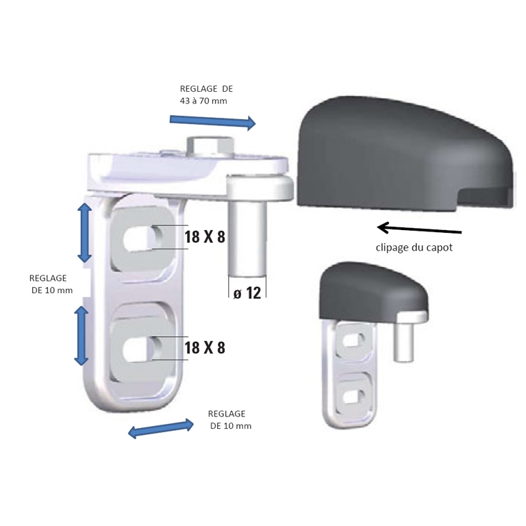 Livré complet avec son cache blanc. Course réglable en Profondeur sur 27mm. Réglage de la Hauteur sur une course de 10mm. Axe de diamètre 12mm d'une Longueur totale De 26,5mm.Ce gond modulaire est prévu avec deux points de fixation. Il se compose de deux parties distinctes bloquées par une vis. Il a une possibilité de réglage de 10mm verticalement et de 27mm transversalement ce qui place l'axe du vantail du portail entre 43 et 70mm du pilier. 