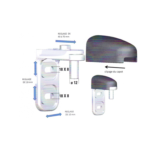 Livré complet avec son cache noir. Course réglable en Profondeur sur 27mm. Réglage de la Hauteur sur une course de 10mm. Axe de diamètre 12mm d'une Longueur totale De 26,5mm.Ce gond modulaire est prévu avec deux points de fixation. Il se compose de deux parties distinctes bloquées par une vis. Il a une possibilité de réglage de 10mm verticalement et de 27mm transversalement ce qui place l'axe du vantail du portail entre 43 et 70mm du pilier.  