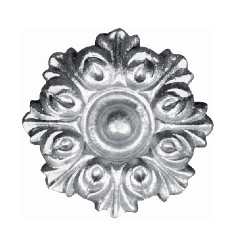 Rosace en aluminium avec motif floral. Diamètre de 55mm. Utilisation pour ornement de votre portail ou portillon, souvent en association avec des palmettes.. Fixation par vis grâce à son taraudage M6. Fournie brute, à peindre ou à vernir avec des produits adaptés. L'aluminium est reconnu pour sa légèreté et sa résistance.