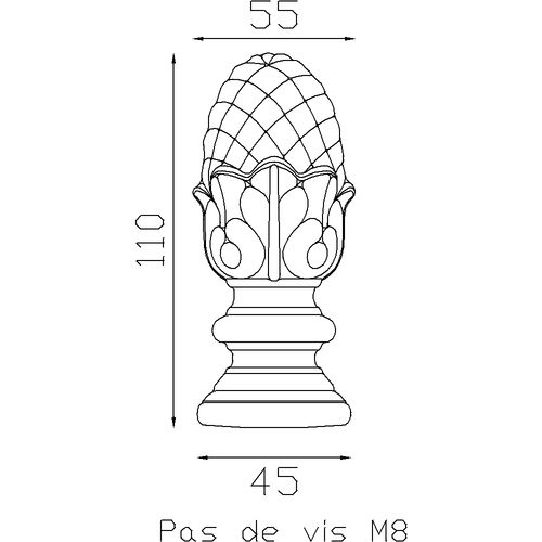 Pigne alu 110x55 - base Ø45 mm - Fixation par vis à l'aide de l'insert M8