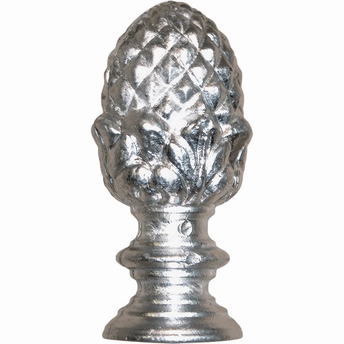 Pomme de pin sur socle rond, en aluminium. Hauteur 110mm Diamètre Ø55mm et diamètre de la base Ø45mm. Fixation par vissage grâce à un insert M18. Livré brut, prêt à peindre ou à vernis, galvanisable, convient pour une utilisation en intérieur ou en extérieur. Objet décoratif qui rendra unique votre fabrication. Existe en différentes dimensions et en fonte ou laiton.