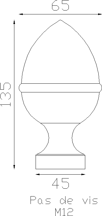 Pigne lisse polie et vernie en laiton d'une hauteur de 135mm et 67mm de diamètre. Base 42 mm .Le Bon Filetage est Bien M10 et non M12 comme précisé sur plan .Vendue sans la tige filetée.