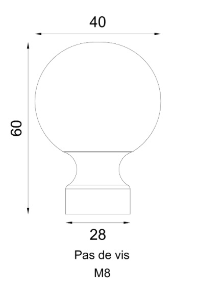 Boule de départ de rampe, lisse polie et vernie en laiton. Hauteur 60mmLargeur 40mm diamètre de la base Ø28mm, fixation par vis à l'aide de l'insert M8 . Vendue sans la tige filetée.