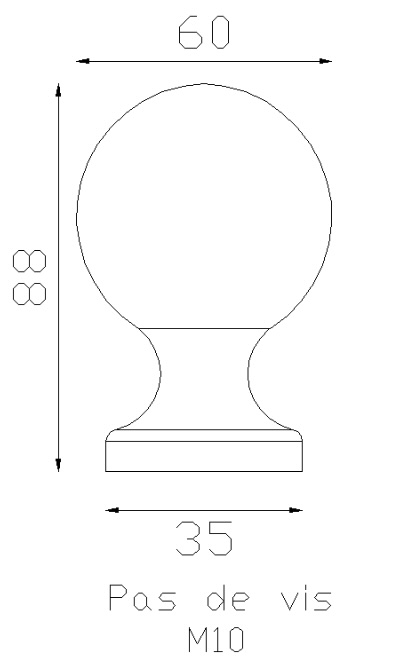 Boule de rampe vernie en laiton d'une hauteur de 88mm et 60mm de diamètre, base de diamètre 35mm. Vendue sans la tige filetée, avec filetage M10.