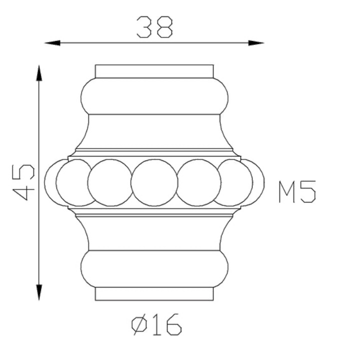 Garniture de barreaux. Compatible avec des barreaux de diamètre jusqu'à 15,8mm, grâce à son alésage de ø16mm. Hauteur 45mm largeur 38mm. Cette bague d'apparence sobre ornera vos barreaux de grilles de défense, portails, escaliers par exemple. Fixation facile par vissage vis BTR M5. Finition: poli, verni.
