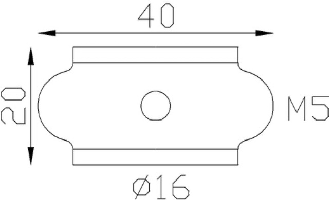 Garniture en laiton à visser pour barreaux de section Ø16mm. Hauteur de 20mm et largeur de 40mm. Avec vis M5 fournie