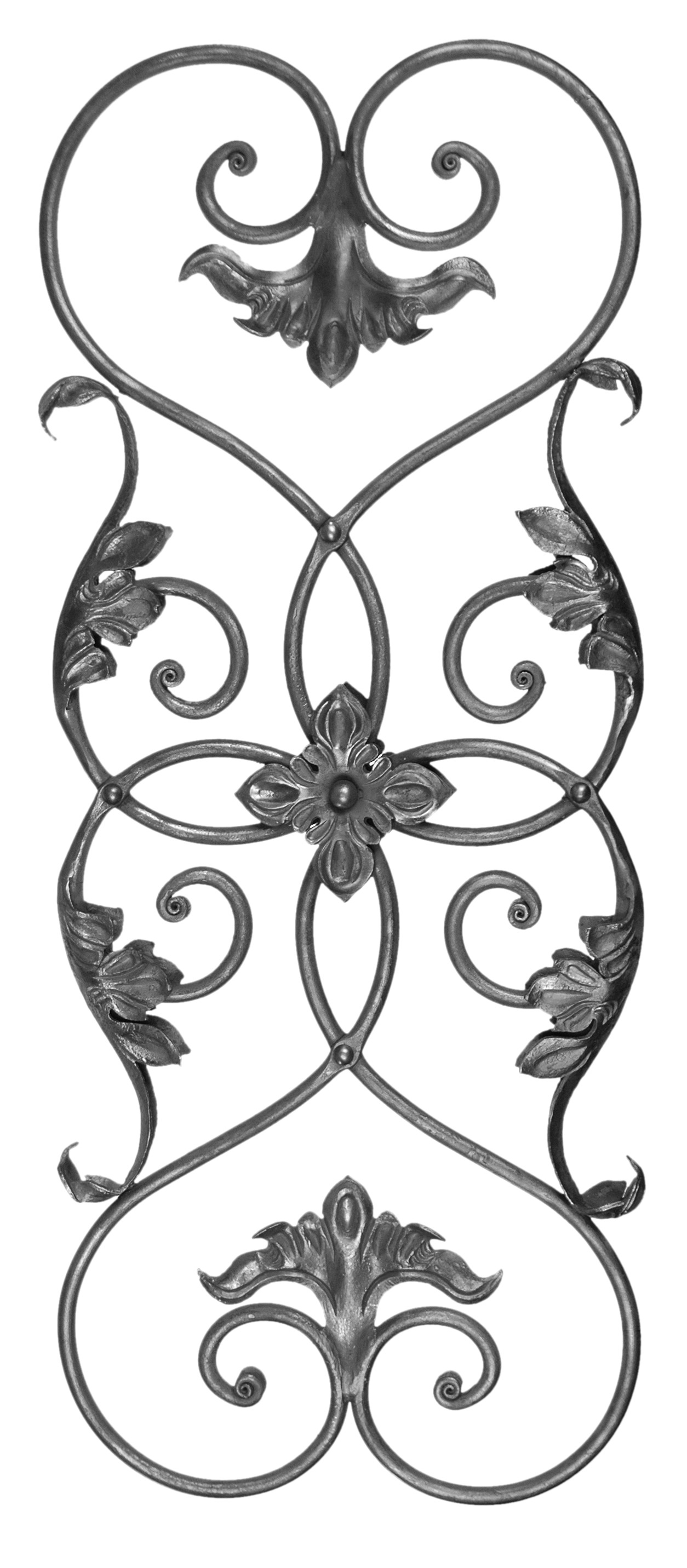 Décor composé de volutes et de rosace pour grilles, portails ou garde-corps double face de 980mm de haut par 400mm de large.