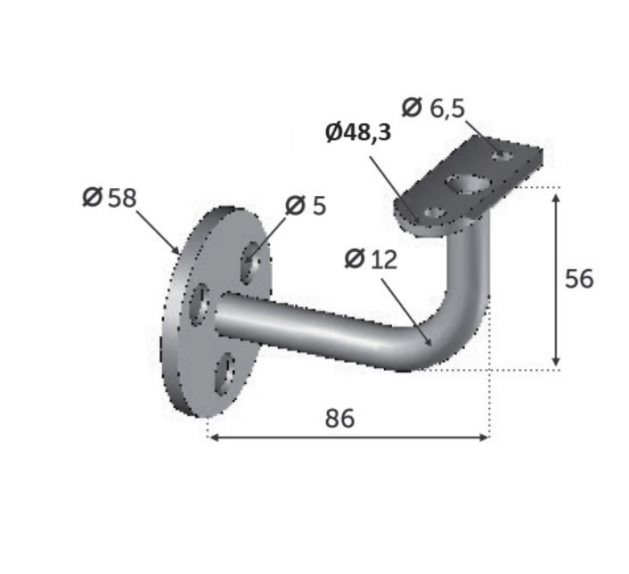 Support mural de main courante ronde, fixe de 90 degrés. Longueur 86mm Hauteur 56mm, platine ronde de diamètre 58mm, compatible avec des tubes de diamètre extérieur de 48,3mm en inox ou en bois. En inox 304. À visser au mur grâce à 3 trous de diamètre 5mm, et à visser à la main courante grâce à 2 trous de diamètre 6,5mm (visserie non fournie). Permet d'être utilisé en intérieur comme en extérieur et même en bord de mer. Existe en version réglable (ref 30121).