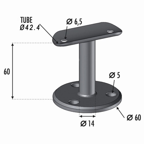 Support mural de 90 degrés. Pour des tubes d'un diamètre de 42.4mm. En inox 316.