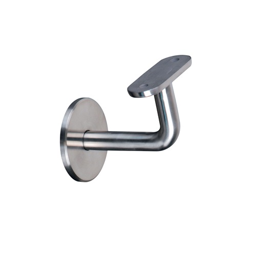 Support mural de main courante carré, fixe de 90 degrés. Longueur 77mm Hauteur 57mm, platine ronde de diamètre 60mm, compatible avec des tubes carré en inox ou en bois. En inox 304. À sceller au mur grâce à un taraudage pour tige filetée M8, et à visser à la main courante grâce à 2 trous de diamètre 6,5mm (visserie non fournie). Permet d'être utilisé en intérieur comme en extérieur et même en bord de mer.