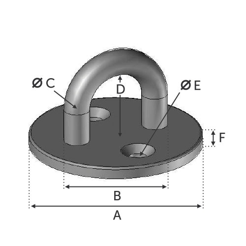 Platine ronde de 40mm de diamètre par 3mm d'épaisseur avec une boucle de 5mm d'épaisseur. Espace disponible à l'intérieur de la boucle : 20mm de large par 18mm de haut. Trous de 4,5mm de diamètre. En inox 304.